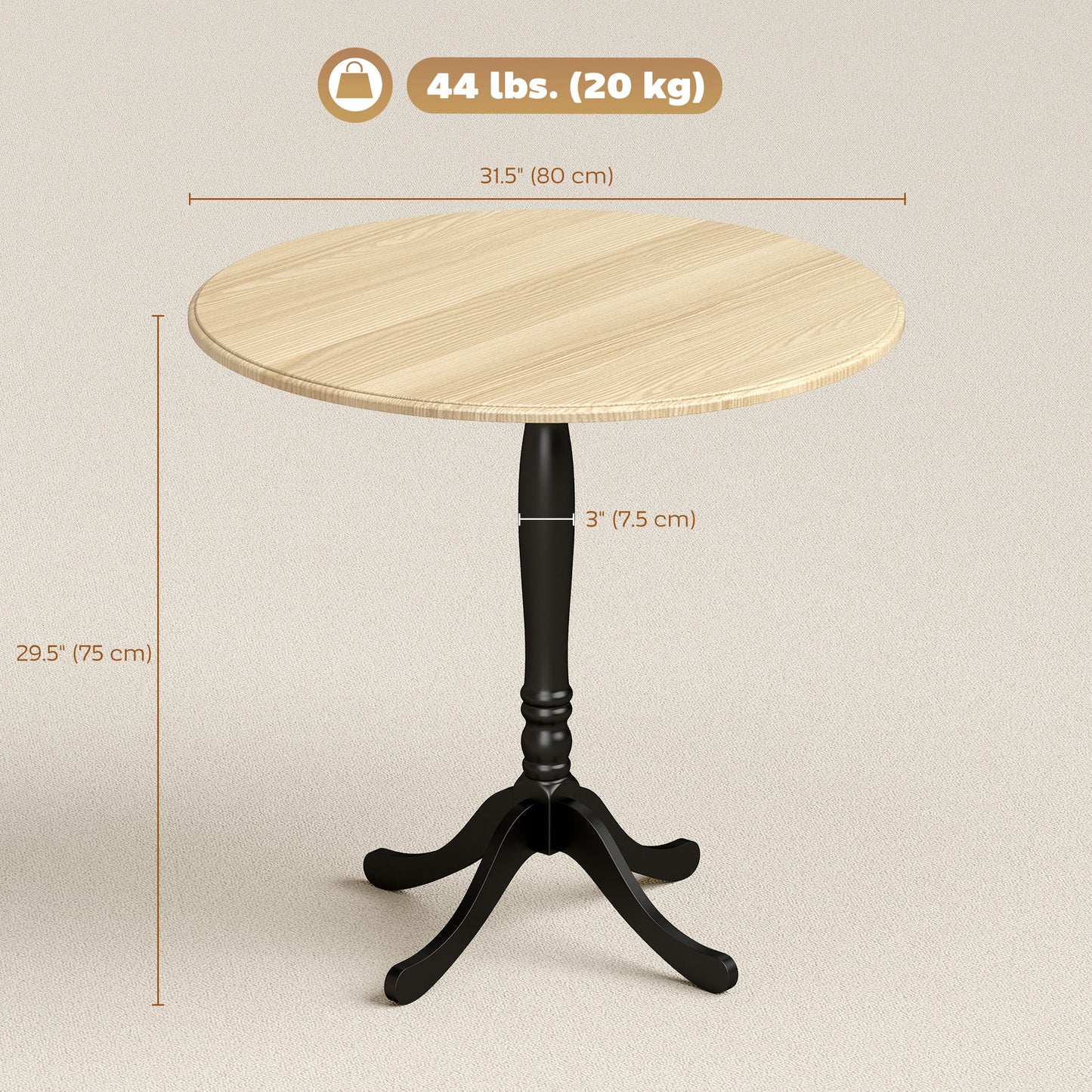 Dining Table for 2-4 People, Modern Round Kitchen Table with Pedestal Steel Base, 80cm, Natural Wood and Black