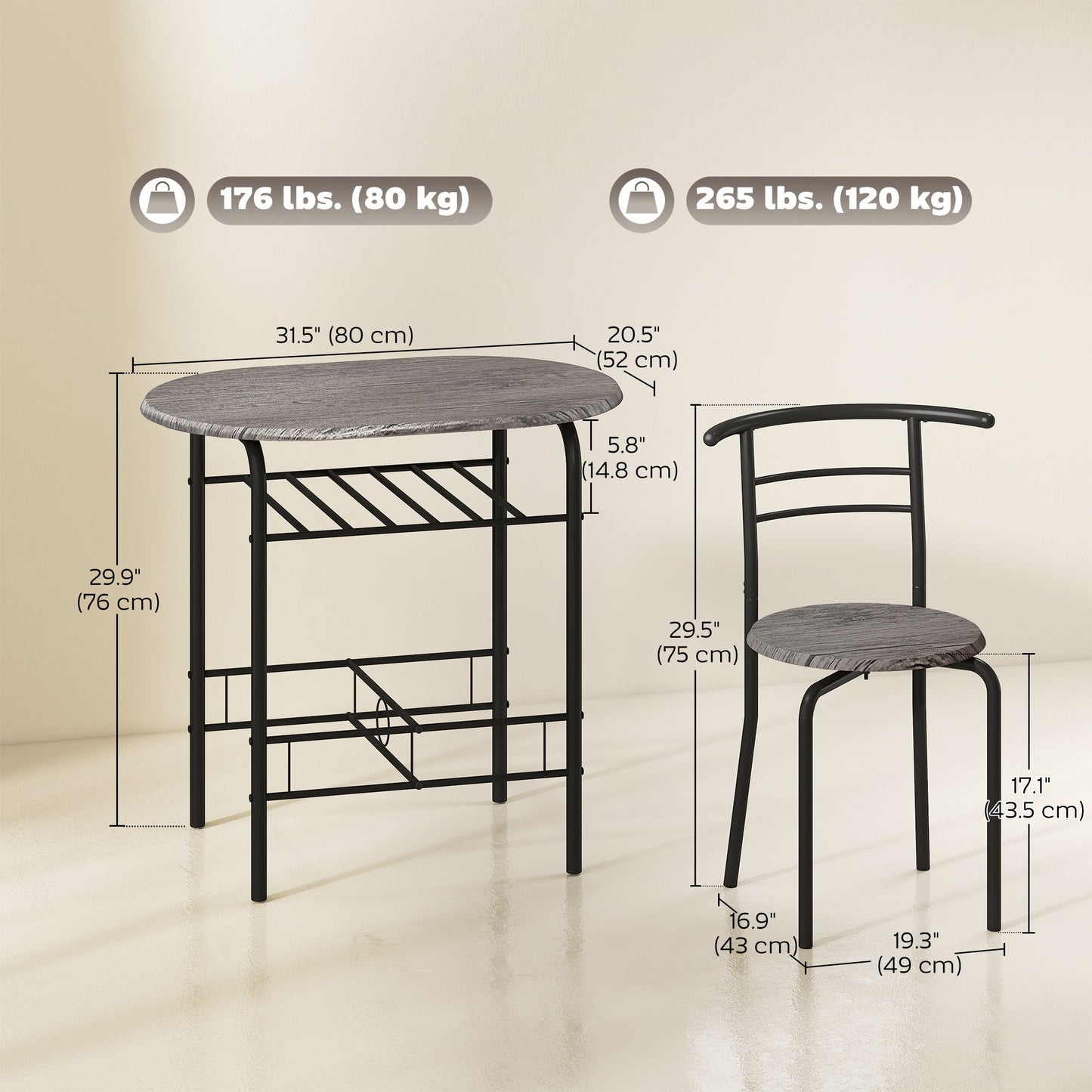 Dining Table Set of 3, 31.5" Kitchen Table and Chairs Set for 2 with Shelf, for Small Space, Dining Room, Living Room