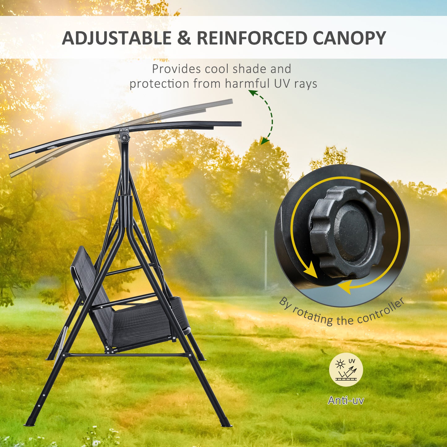 2-Person Porch Swing Chair, 2 Seater Patio Swing Bench w/ Adjustable Canopy, Breathable Seat for Garden, Poolside, Black