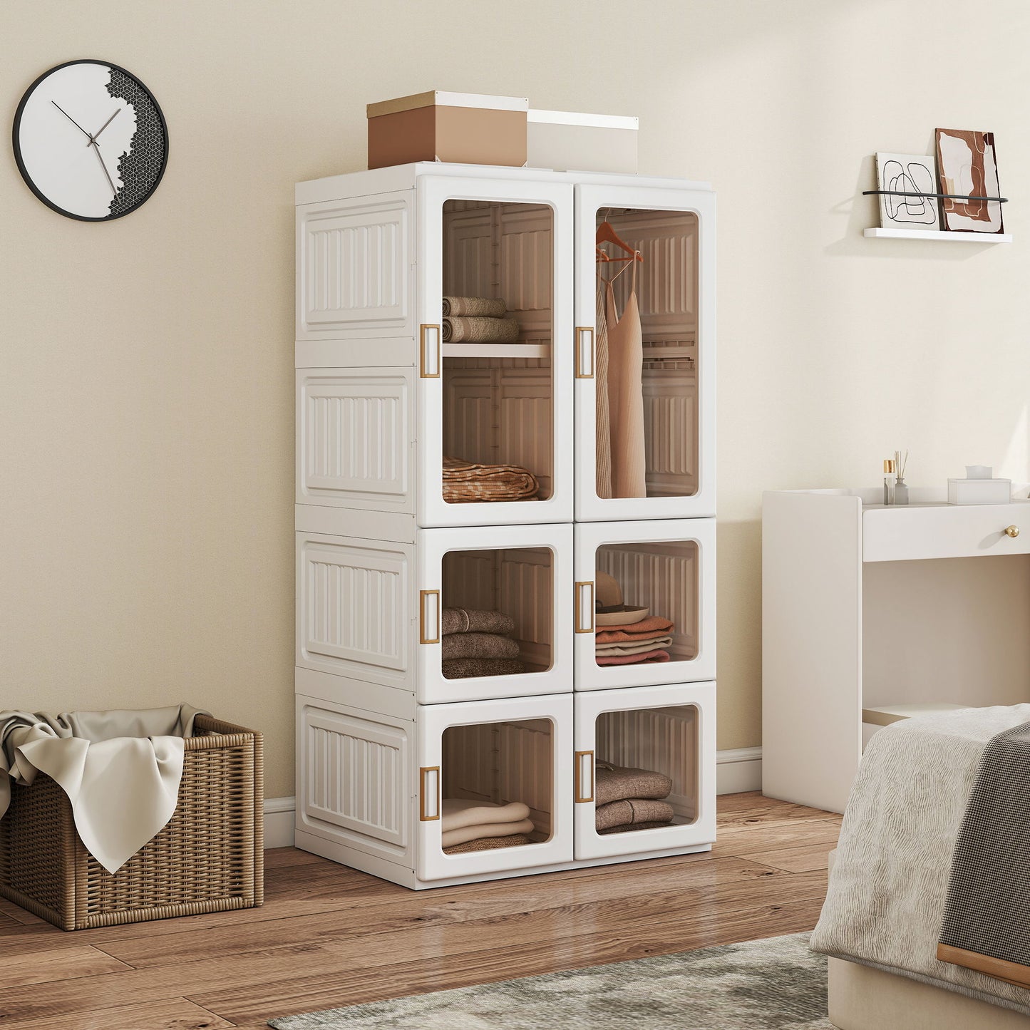 Portable Wardrobe, Foldable Plastic Closet with 5 Compartments, Hanging Rod and Magnetic Doors, White
