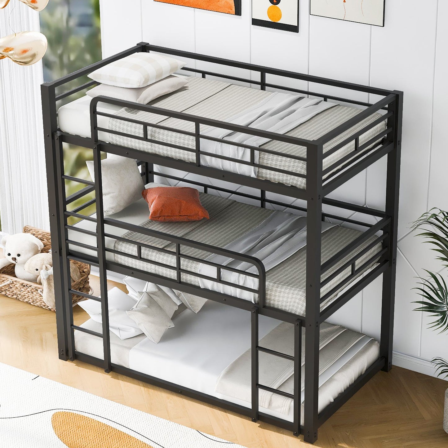 Metal Twin Size Triple Bunk Bed with Guard Rails and Easy Assembly, Double-Decker Bed for Compact Rooms, 78.5" L x 42" W x 78" H, Black