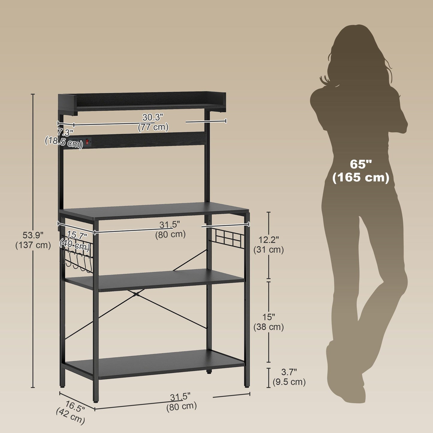 Kitchen Baker's Rack with Power Outlet, Coffee Bar Station with Adjustable Shelves and Hooks, Distressed Black