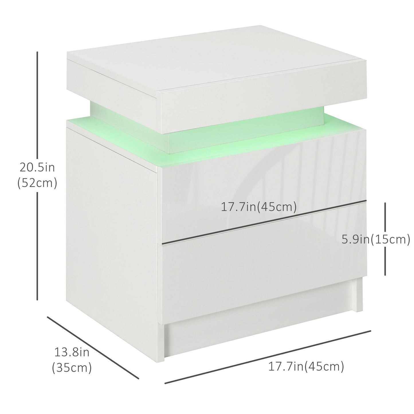 Nightstand, Bedside Table with LED Lights and 2 Drawers for Bedroom, Living Room, White