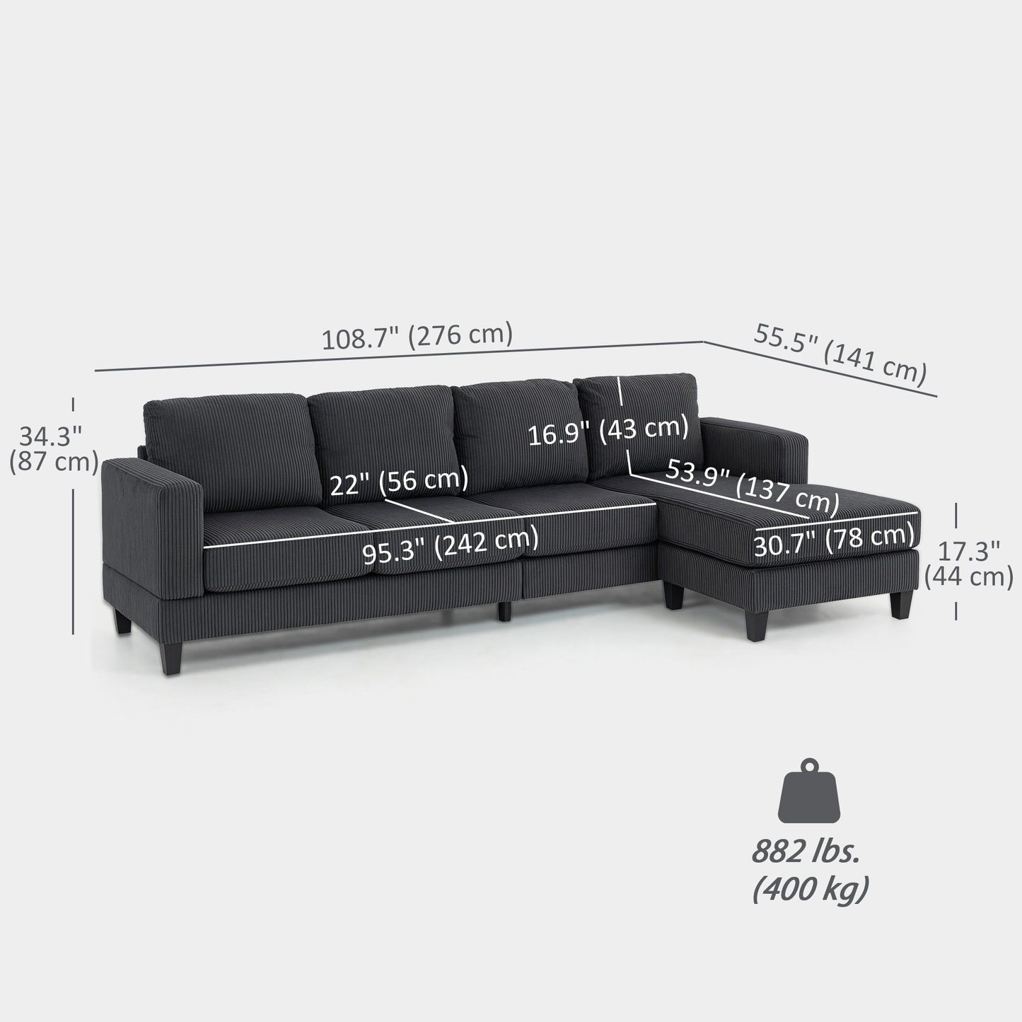 L-Shaped Sofa with Chaise - Charcoal Grey
