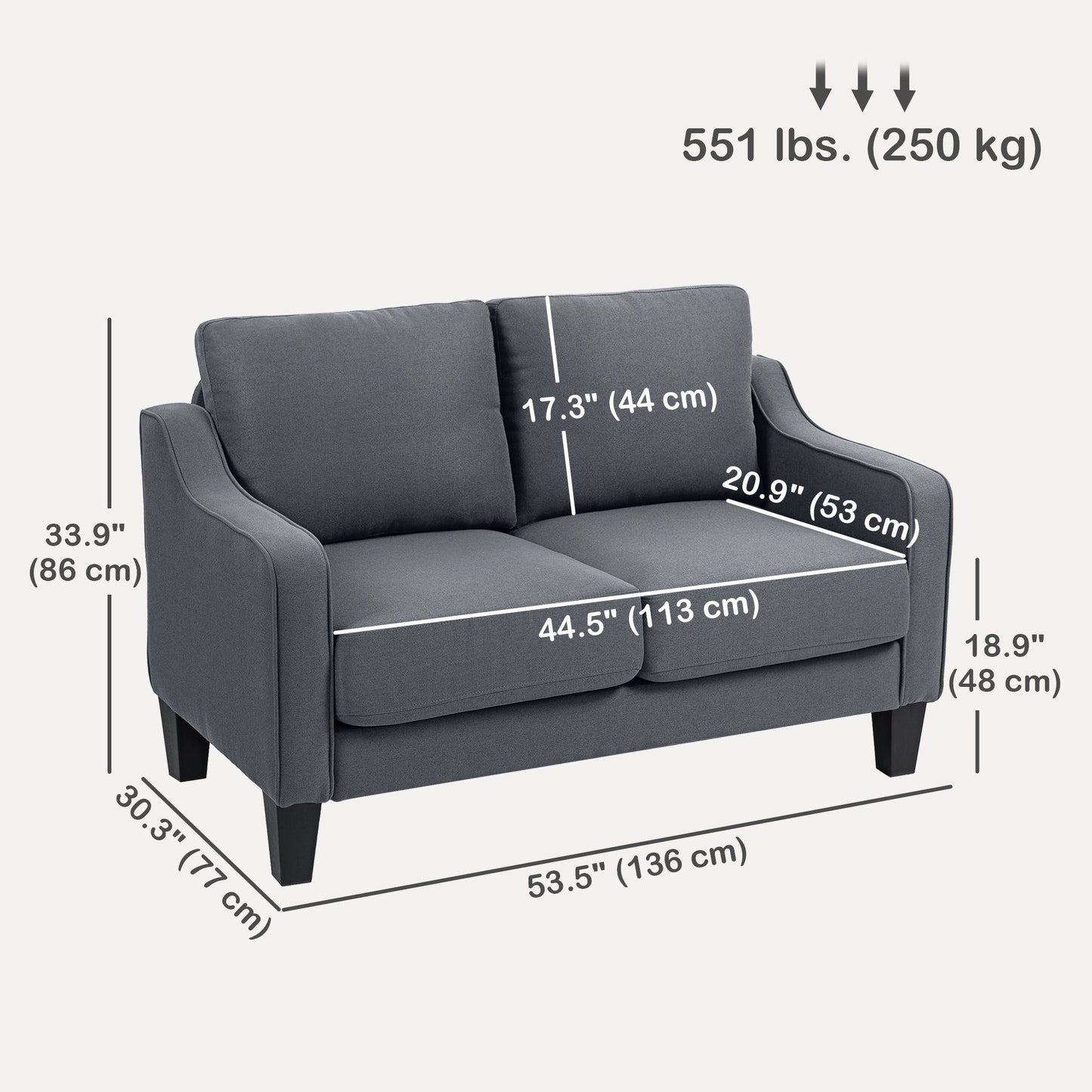 Linen Loveseat Sofa with Pocket Spring - Charcoal Grey