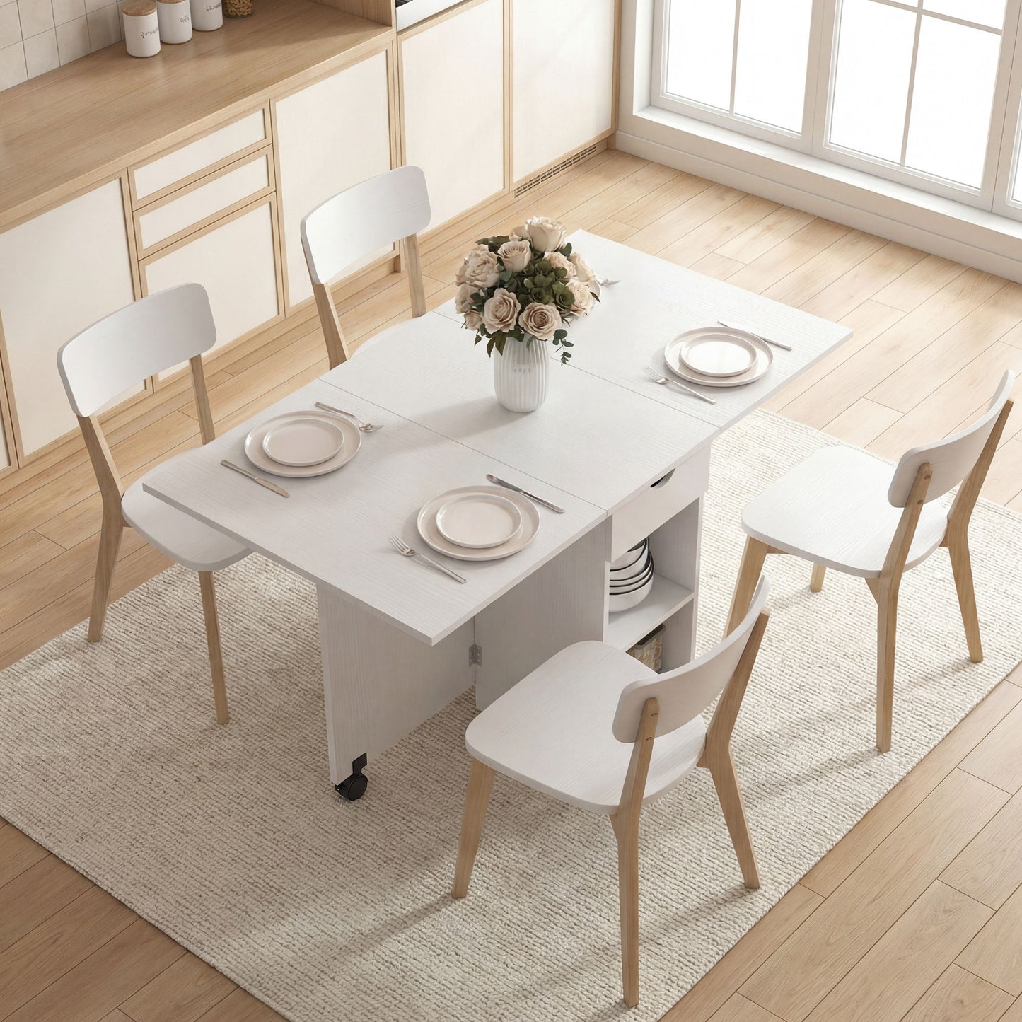 Folding Dining Table with Storage, Drop Leaf Kitchen Table with Drawer and Shelves for Small Spaces, White