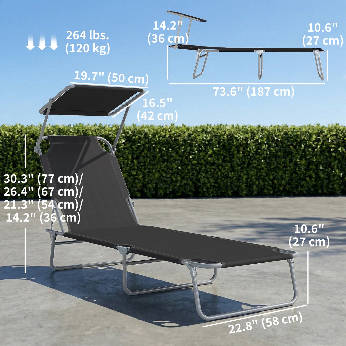 Outdoor Lounge Chair, Adjustable Folding Chaise Lounge, Tanning Chair with Sun Shade for Beach, Camping, Hiking, Backyard, Light Grey