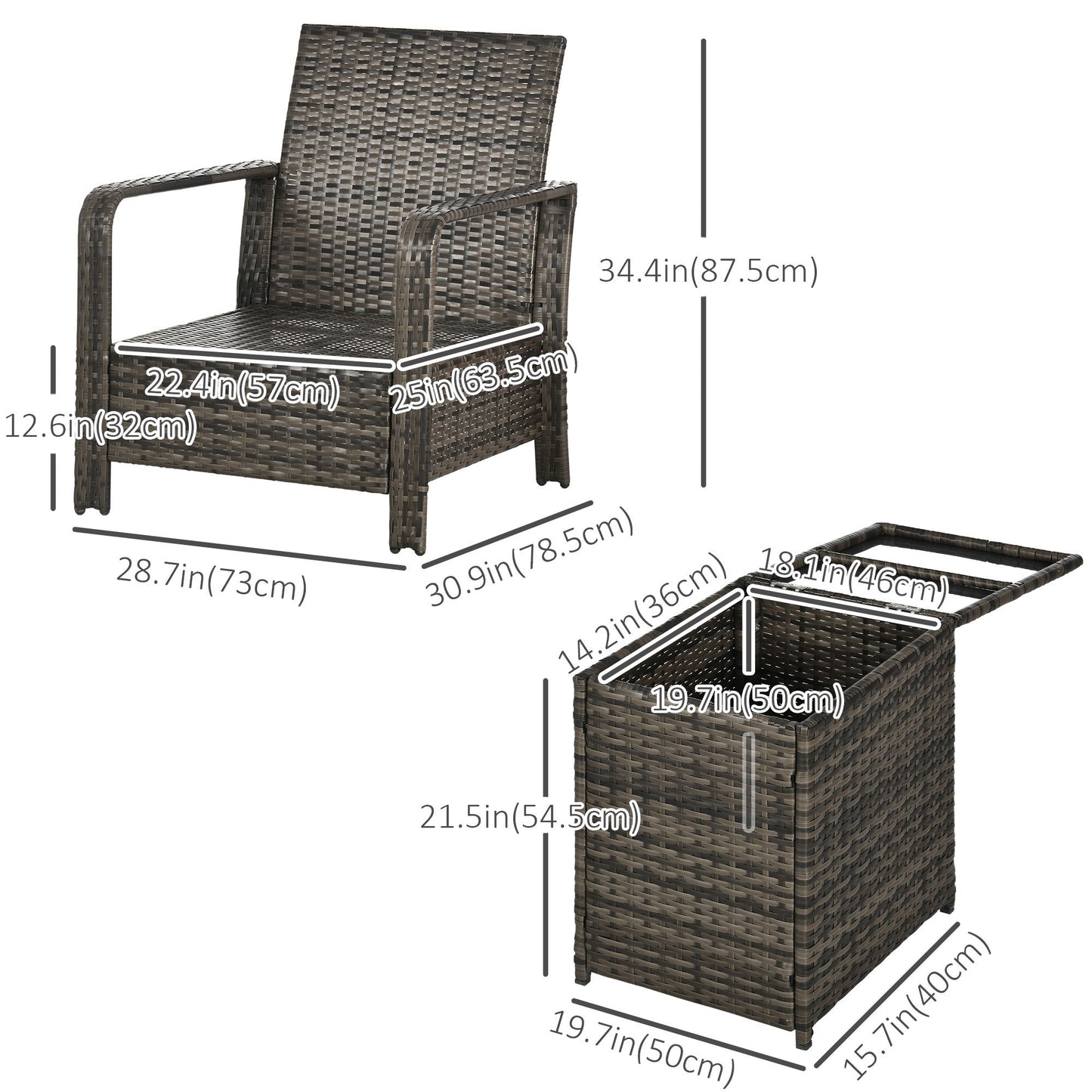 3 Pieces Wicker Patio Furniture Set, Rattan Bistro Set with Storage Coffee Table and Thickened Cushions, Outdoor Conversation Set for Garden, Porch, Balcony, Blue