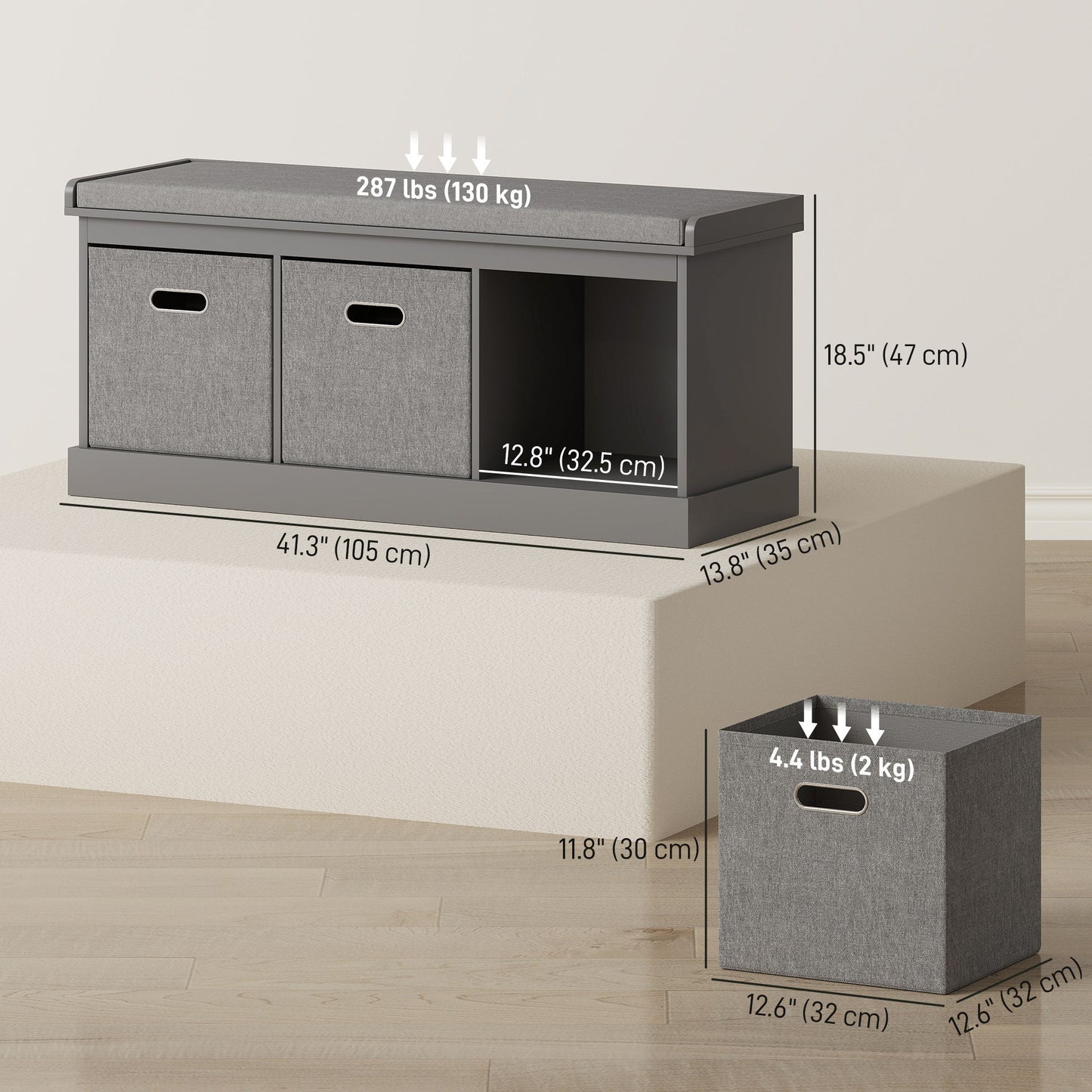 Shoe Storage Bench with Seat, Entryway Bench Seat with Cushion, 3 Fabric Drawers for Hallway, Dark Grey