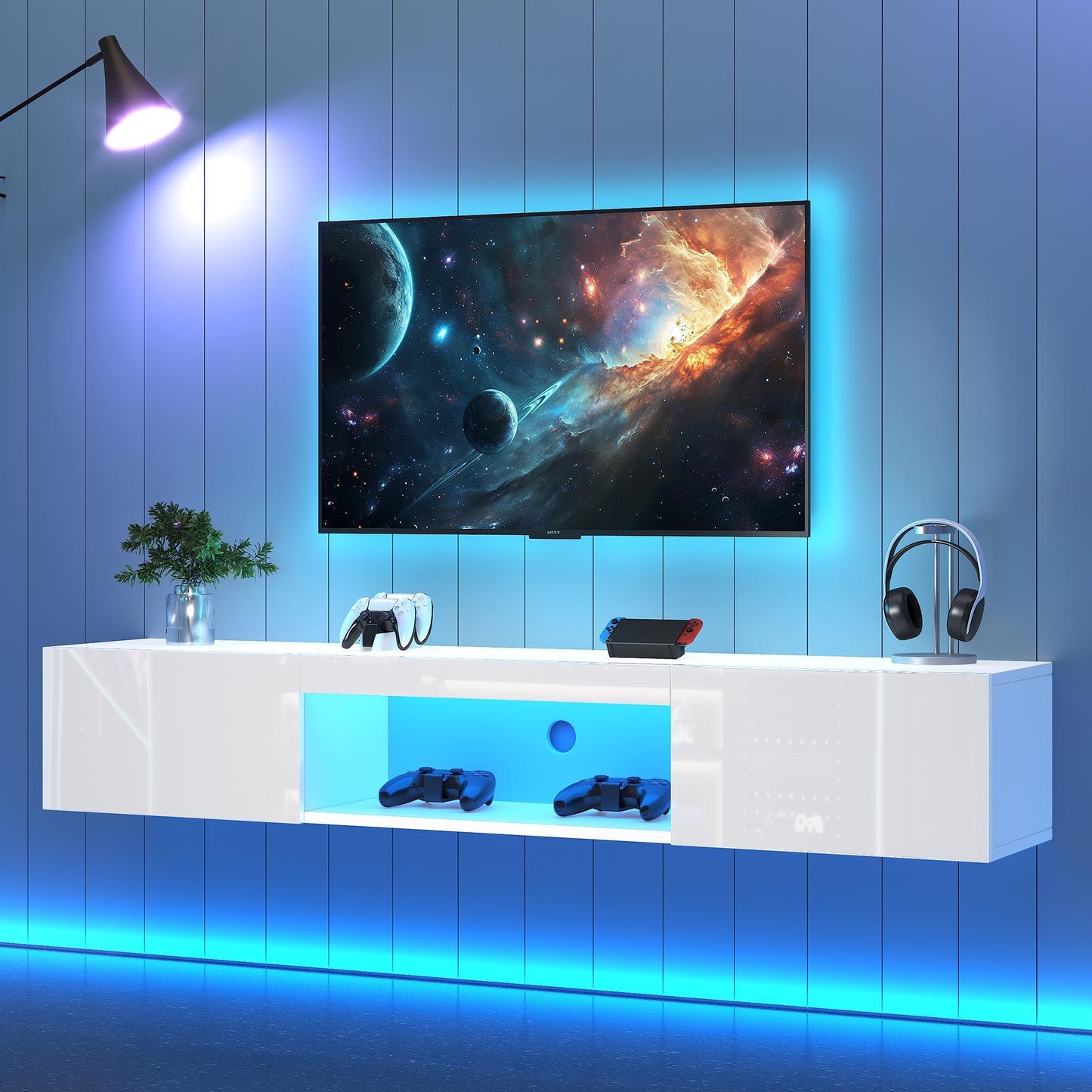 Floating TV Stand with High-Gloss Finish and LED Ambient Lighting, Sleek TV Cabinet with Pull-Down Doors, 63" L x 12" W x 8.5" H, White