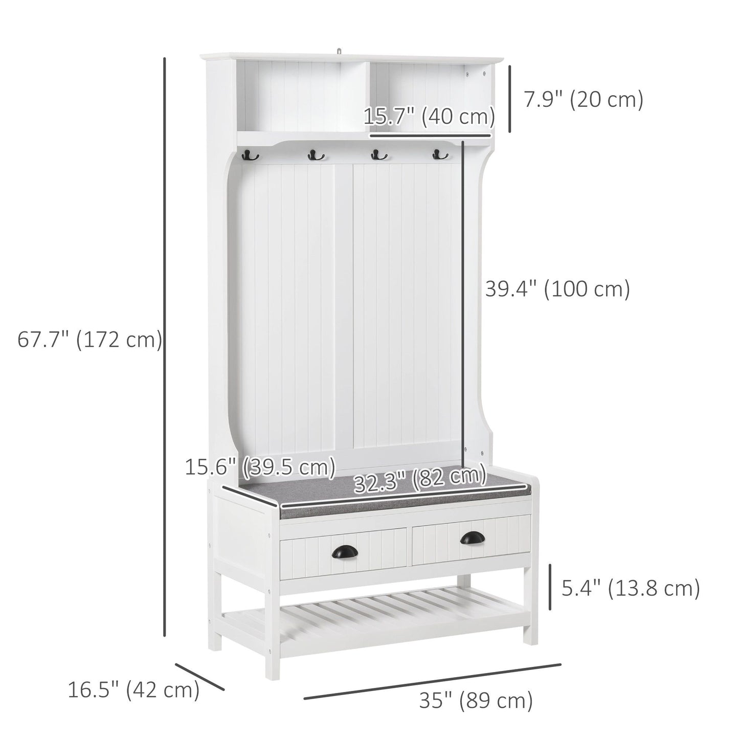 Hall Tree Shoe Bench with 4 Hooks and Drawers - White