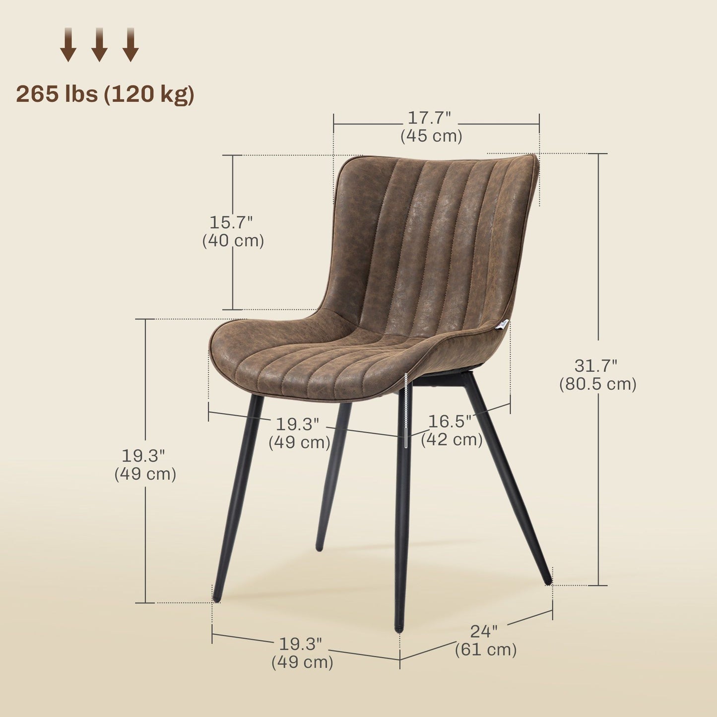 PU Leather Dining Chairs Set of 2 with Steel Legs - Brown