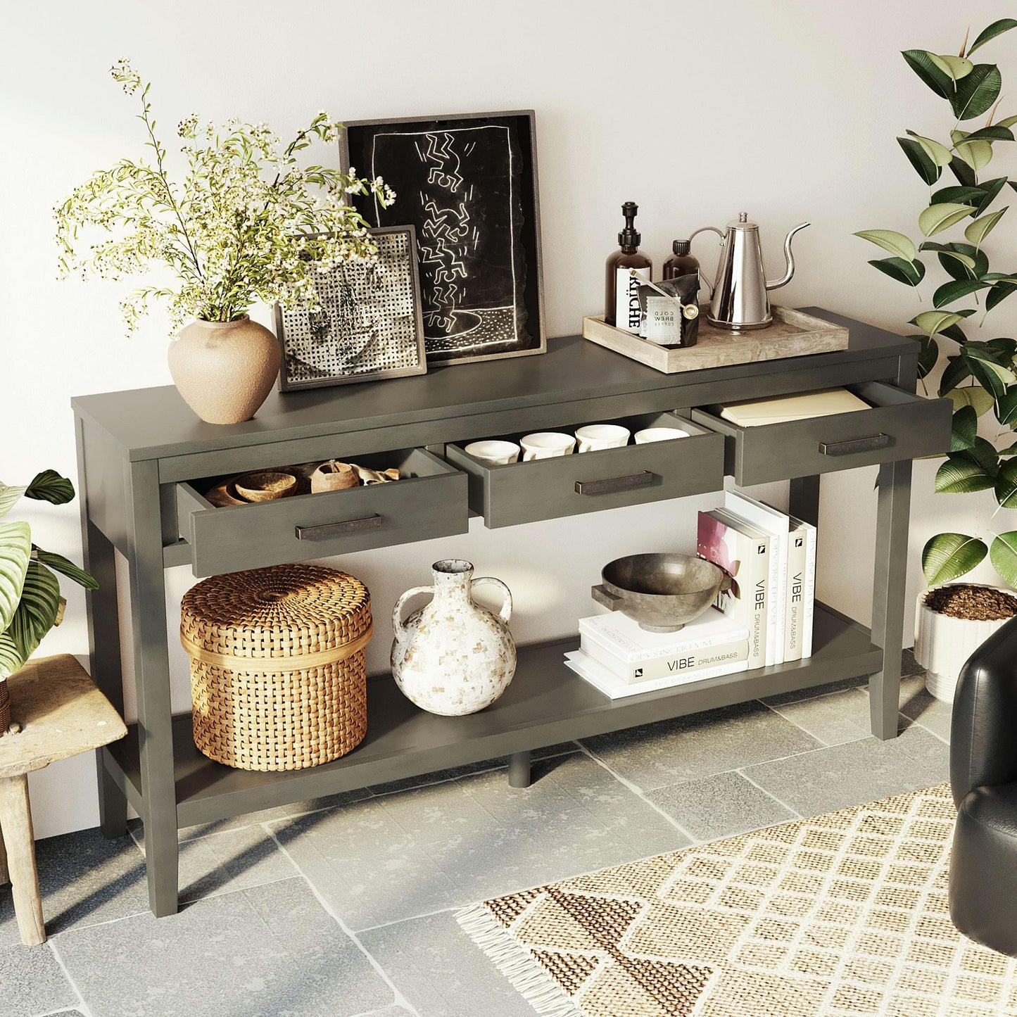 Farmhouse Entryway Table with Wide Top and Open Bottom Shelf, Minimalist Console with Adjustable Feet, 59'' L x 14'' W x 31.5'' H, Gray