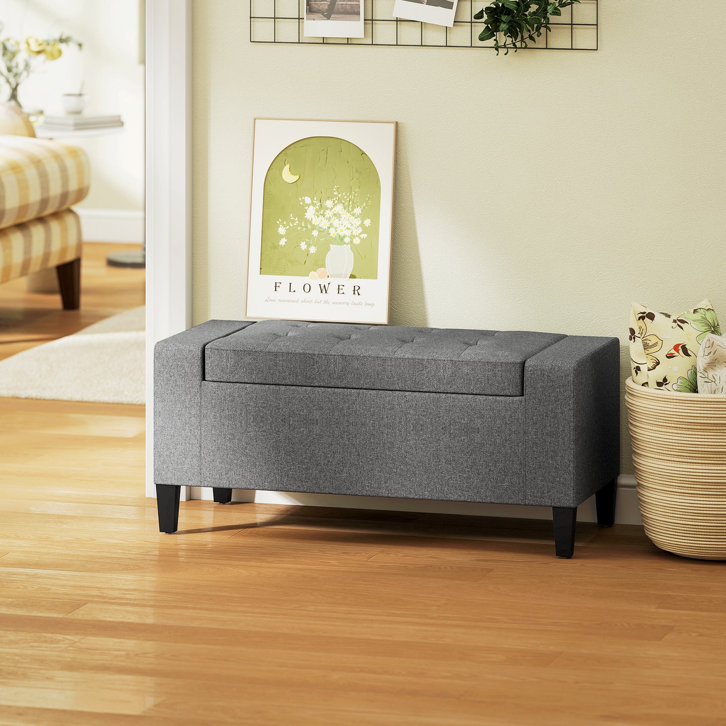 36" Storage Ottoman Bench, Linen-Look Fabric End of Bed Bench with Solid Wood Frame and Legs, Tufted Storage Chest, Footrest for Living Room, Bedroom, Entryway, Grey