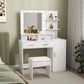 Illuminated Dressing Table Set, LED Vanity Table Set with Stool, LED Mirror, Drawer and Cabinet Shelves for Bedroom