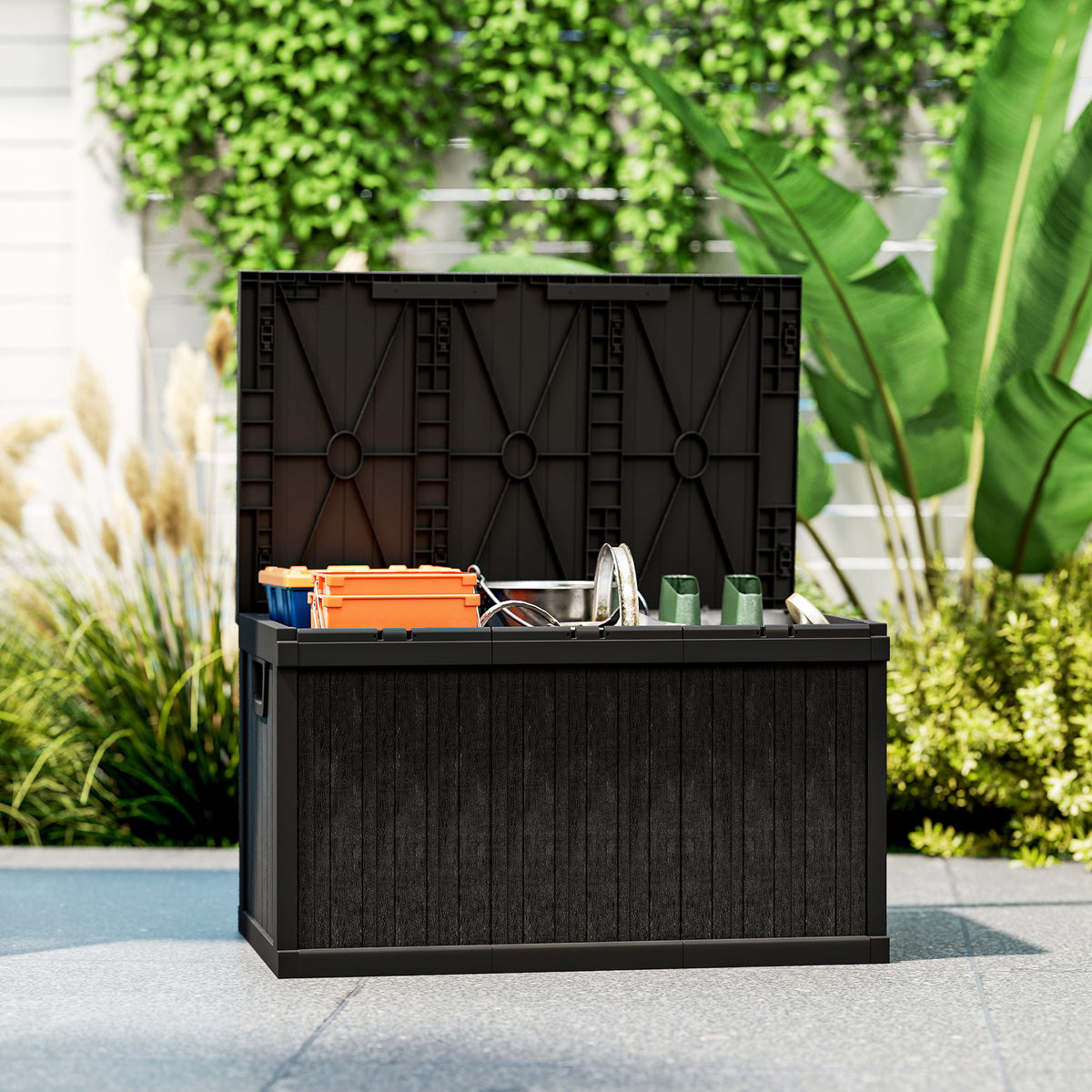 70 Gallon Deck Box, Resin Outdoor Storage Box with Handles, Waterproof Storage Container for Garden Tools, Black