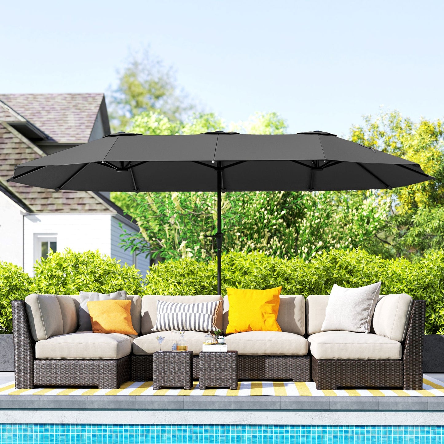 13ft Double-Sided Patio Umbrella with Crank Handle, for Poolside, Deck, Garden, Dark Grey