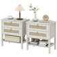 Set of 2 Boho Bedside Tables, Rattan Nightstands with 2 Drawers, Storage Shelf, End Side Tables for Bedroom, White Oak