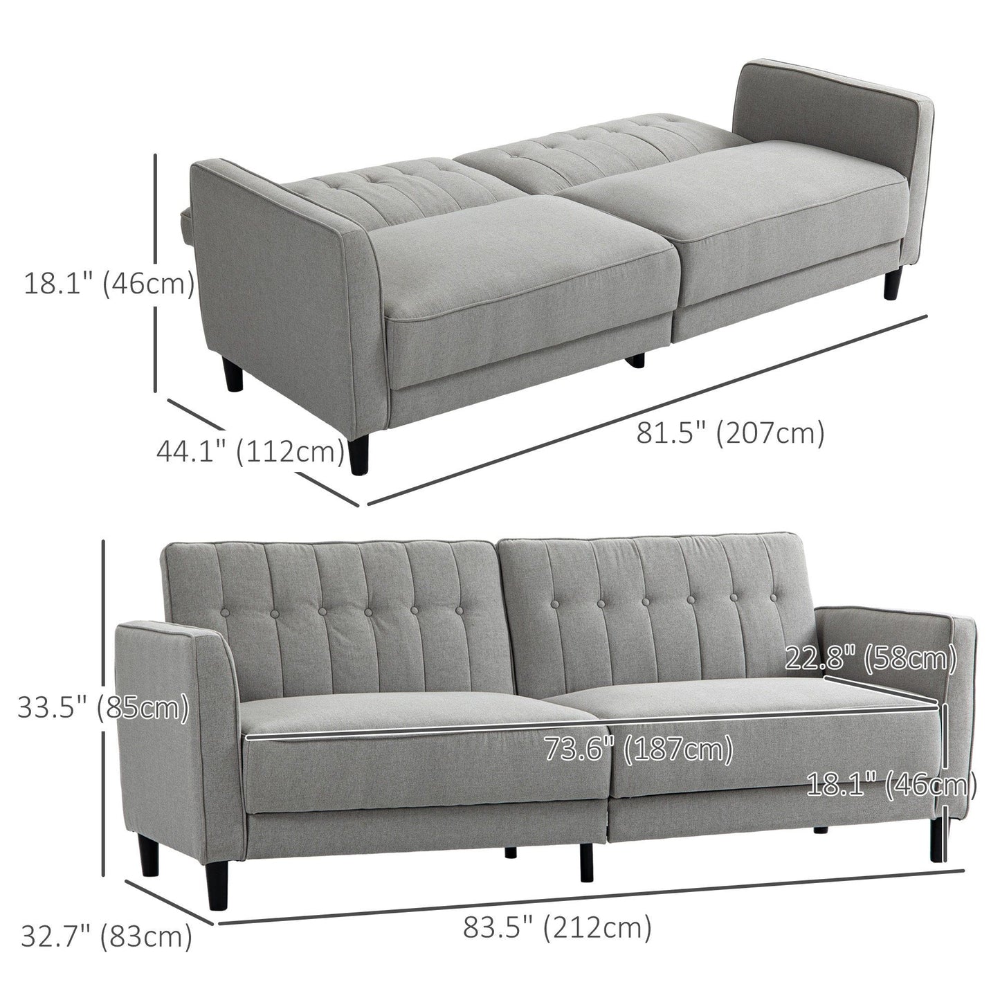 Convertible Tufted Sofa Bed with Adjustable Back - Grey