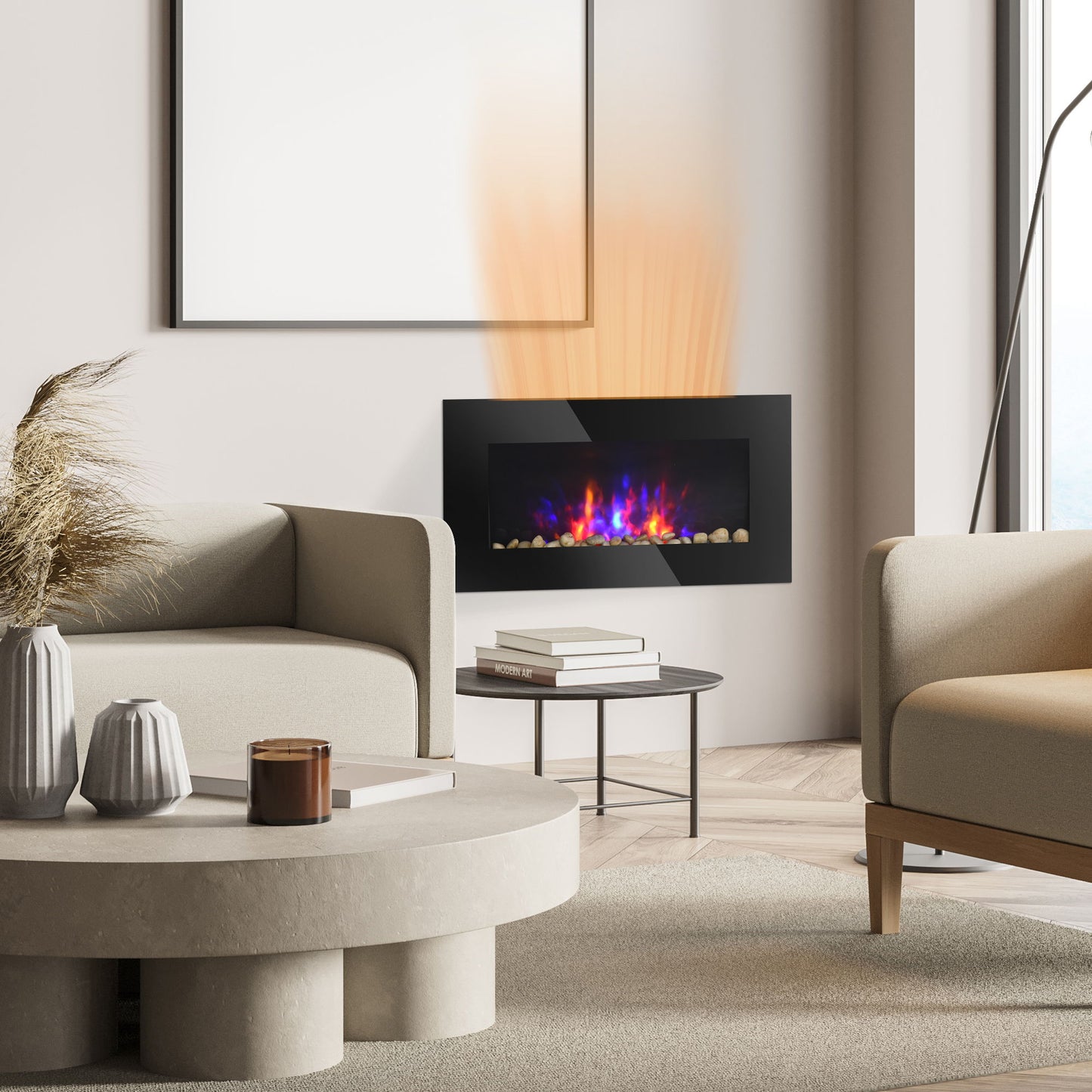 Wall Mounted Fireplace, 28.5 Inch Modern Electric Fireplace with Patented LED Flame Effect and 7 Colors, Black