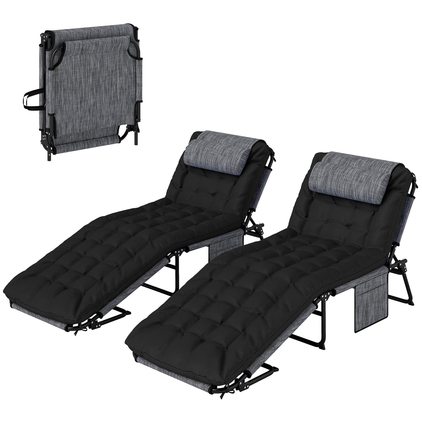 2-Piece Folding Lounge Chairs with Adjustable Backrest, Tanning Chair with Cushion, Side Pocket, Headrest, Black