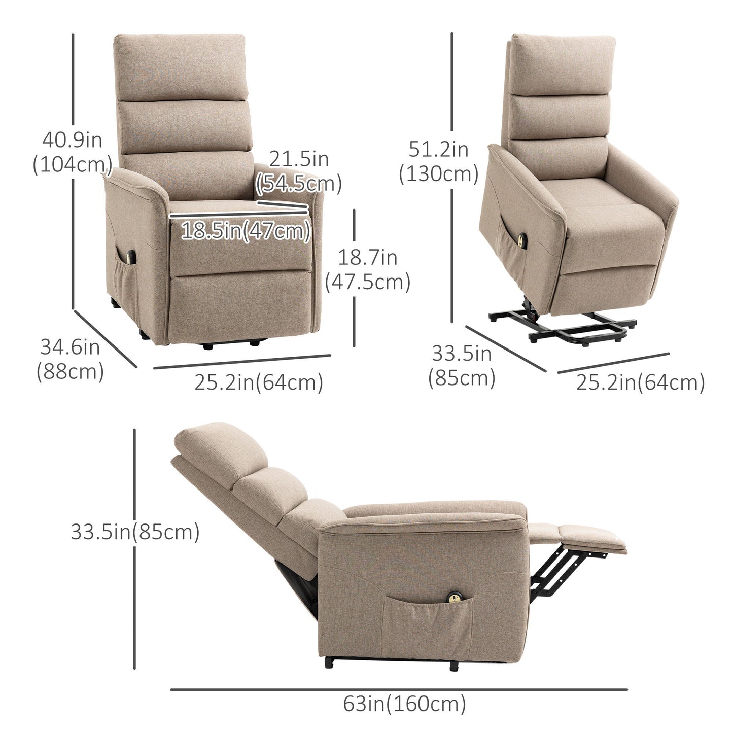 Lift Chair for Elderly, Power Chair Recliner with Remote Control, Side Pockets for Living Room, Brown
