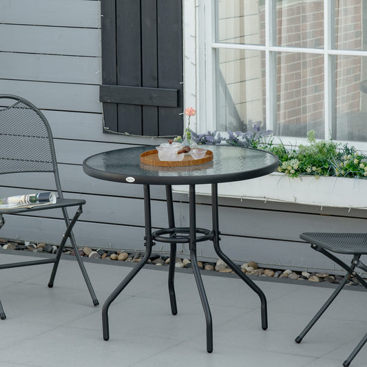 31.5" Round Outdoor Dining Table Coffee Side Bistro Table with Umbrella Hole, Glass Top, Steel Frame for Garden, Patio