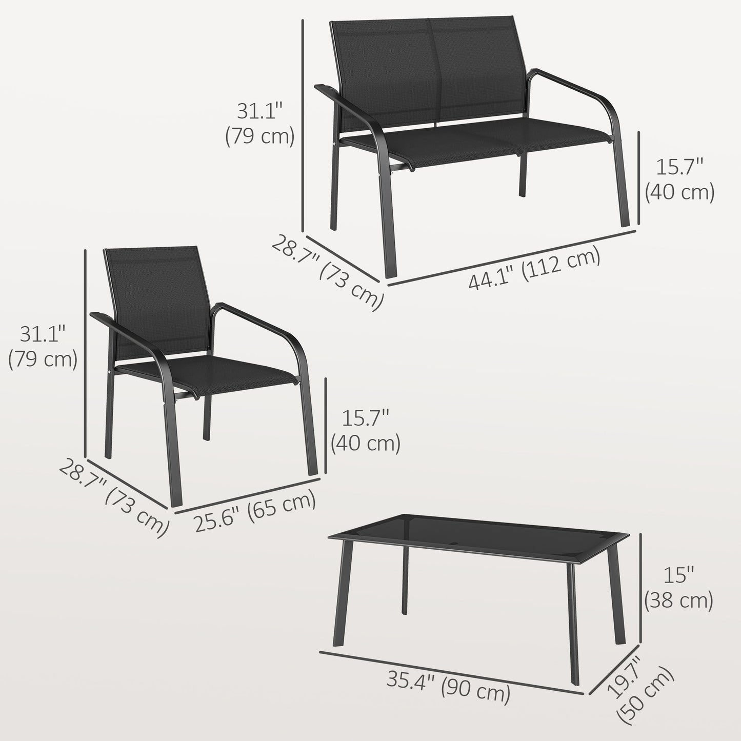 4 Piece Patio Furniture Set, Outdoor Conversation Set with Deep Seat, Loveseats, Armchairs, Glass-Top Table, Black