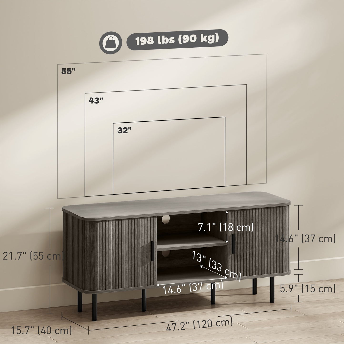 TV Stand Cabinet for TVs up to 55 Inches, TV Unit with Storage Shelves and Cabinets for Living Room, Grey