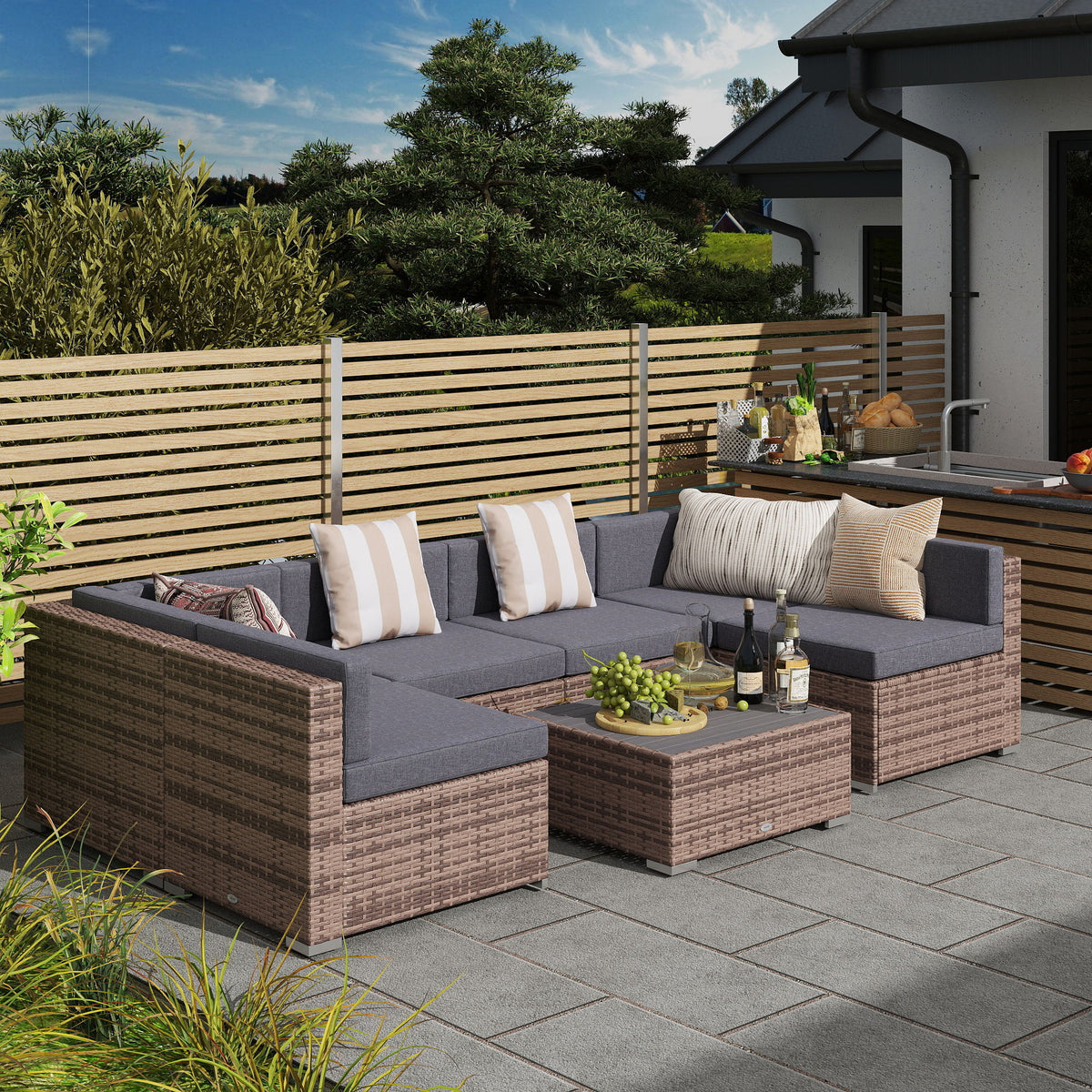 7 Pieces Patio Furniture Set, Rattan Conversation Set Garden Wicker Sofa Set with Washable Cushions and Coffee Table, All Weather PE Rattan Sectional Sofa, Grey