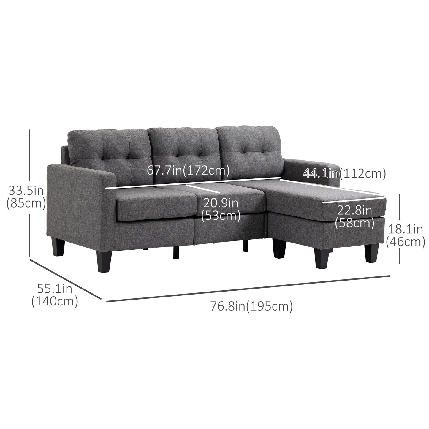L-shaped Sofa, 3 Seater Couch with Ottoman, Corner Sofa with Thick Padded Cushion and Wood Legs, Dark Grey
