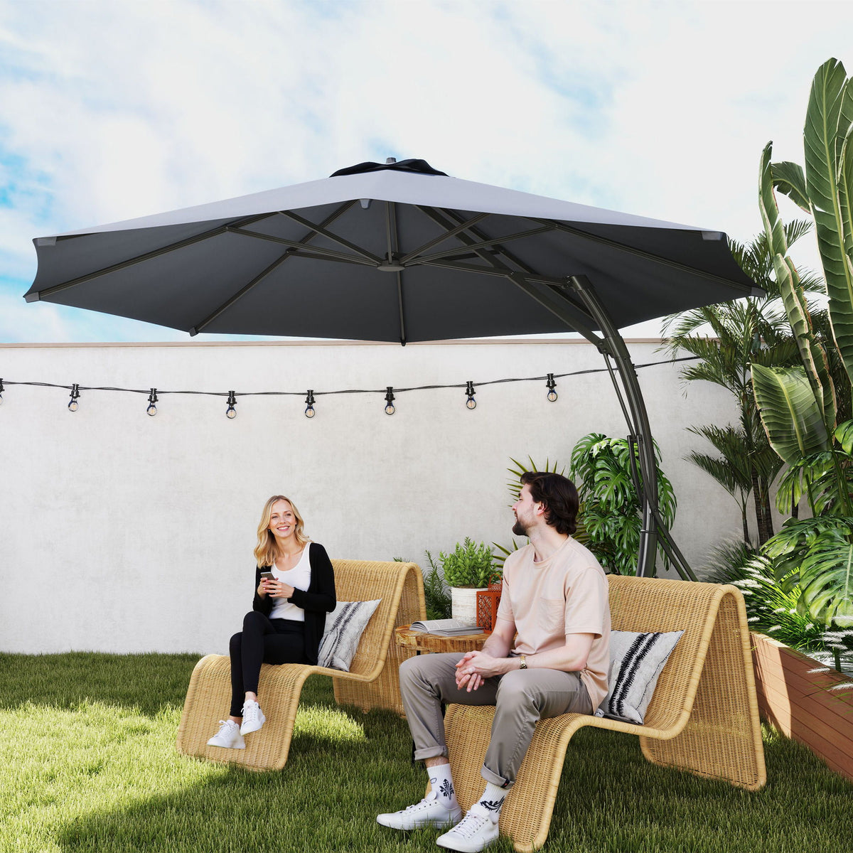 11FT Patio Umbrella, Cantilever Umbrella with 8 Ribs, 360° Rotation, Easy Adjustment for Garden, Deck, UPF 50+, Grey