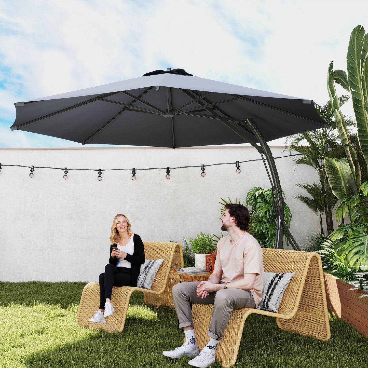 11FT Patio Umbrella, Cantilever Umbrella with 8 Ribs, 360° Rotation, Easy Adjustment for Garden, Deck, UPF 50+, Grey