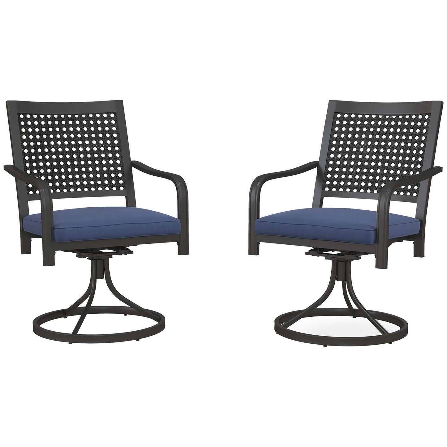 2 Pieces Patio Swivel Chairs with Cushion, Outdoor Swivel Rocker with Curved Armrests, Backrest for Garden, Balcony, Porch, Navy Blue