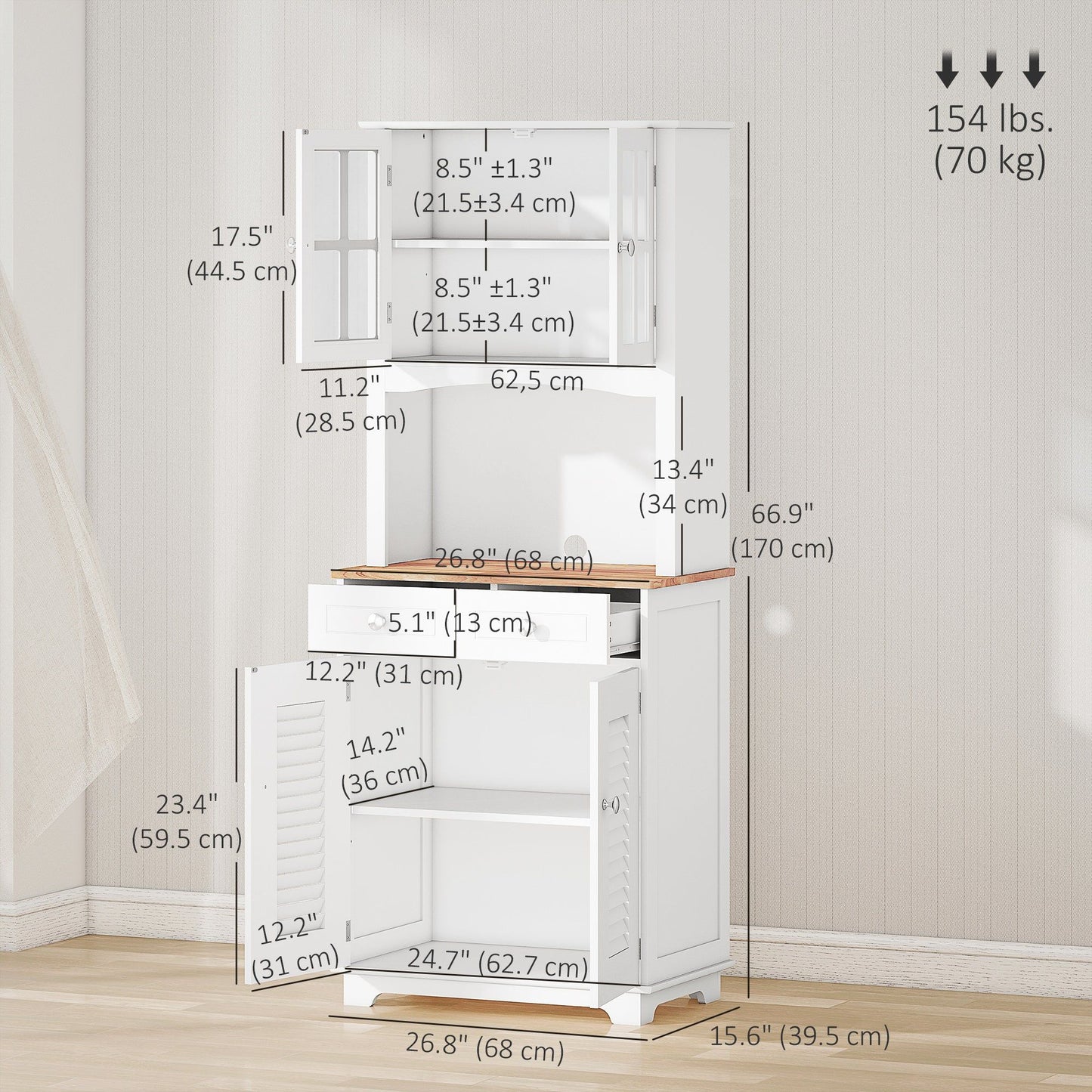Coastal Kitchen Buffet with Hutch and Glass Doors - White