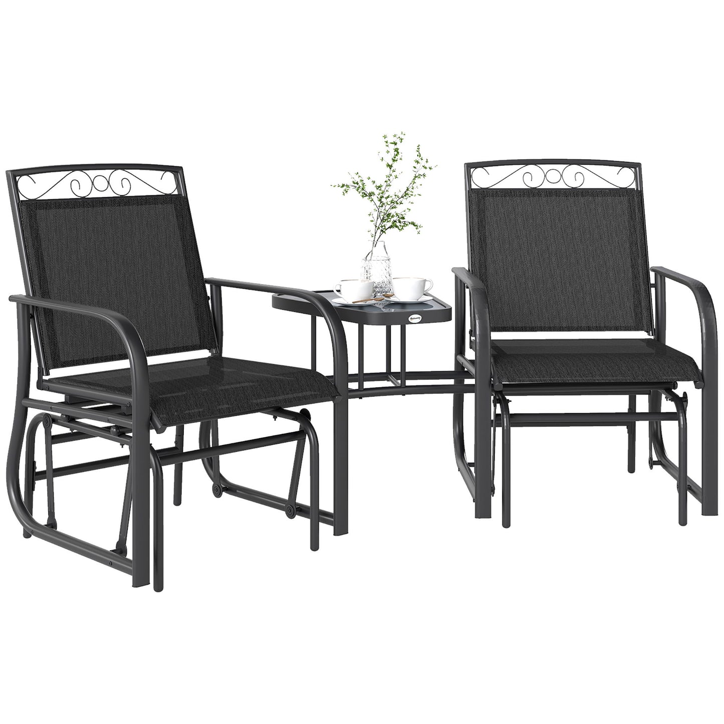 Outdoor Glider Bench with Coffee Table, Patio 2-Seat Rocking Chair Swing Loveseat with Breathable Sling for Backyard Garden Porch, Black