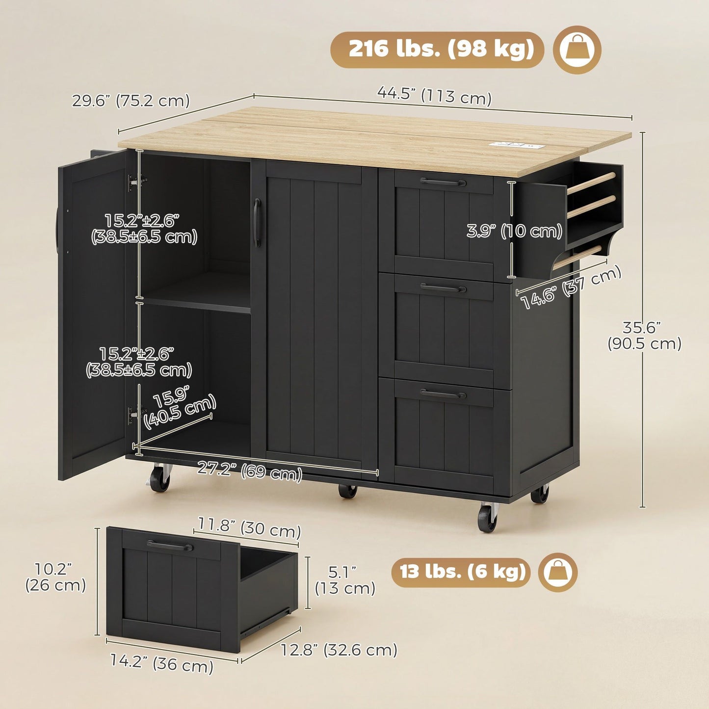 Kitchen Island Cart with Drop Leaf and Power Outlet - Black