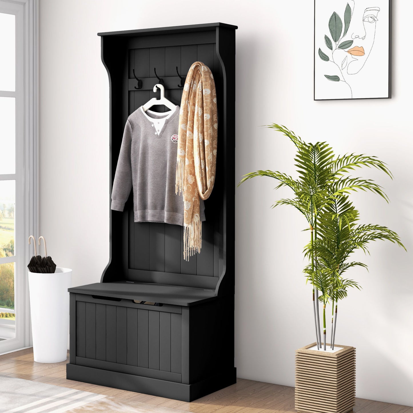 4-In-1 Hall Tree with Coat Rack, Top Shelf, Shoe Storage and Bench Seat, Entryway Bench with 4 Hooks, Black