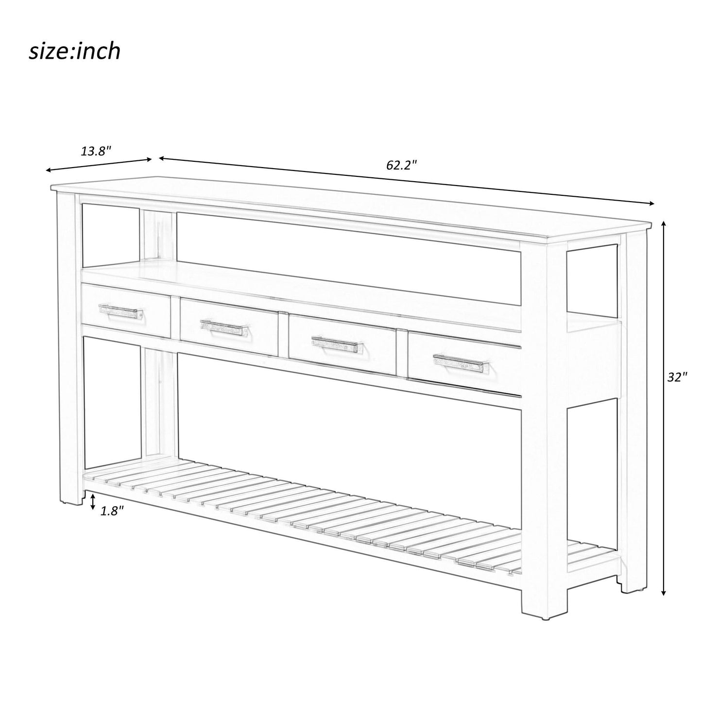 Large Entryway Console with 4 Drawers and 3-Tier Open Shelves, Versatile Table with Adjustable Feet, 62'' L x 14'' W x 32'' H, Navy Blue