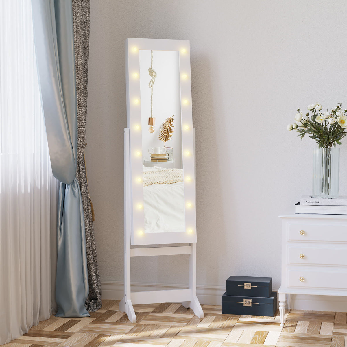 Free Standing Armoire Organizer, Lighted Mirrored Jewelry Cabinet w/ Angle Adjustable & 16 LED Lights Warm White