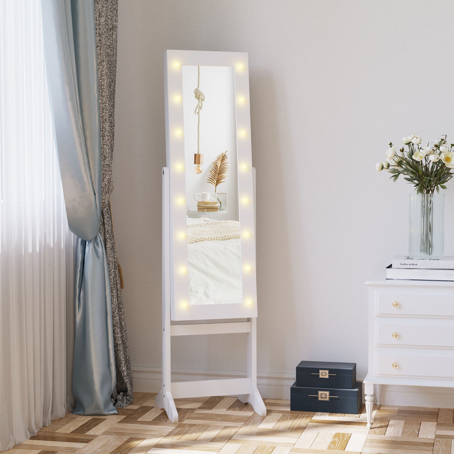 Free Standing Armoire Organizer, Lighted Mirrored Jewelry Cabinet w/ Angle Adjustable & 16 LED Lights Warm White