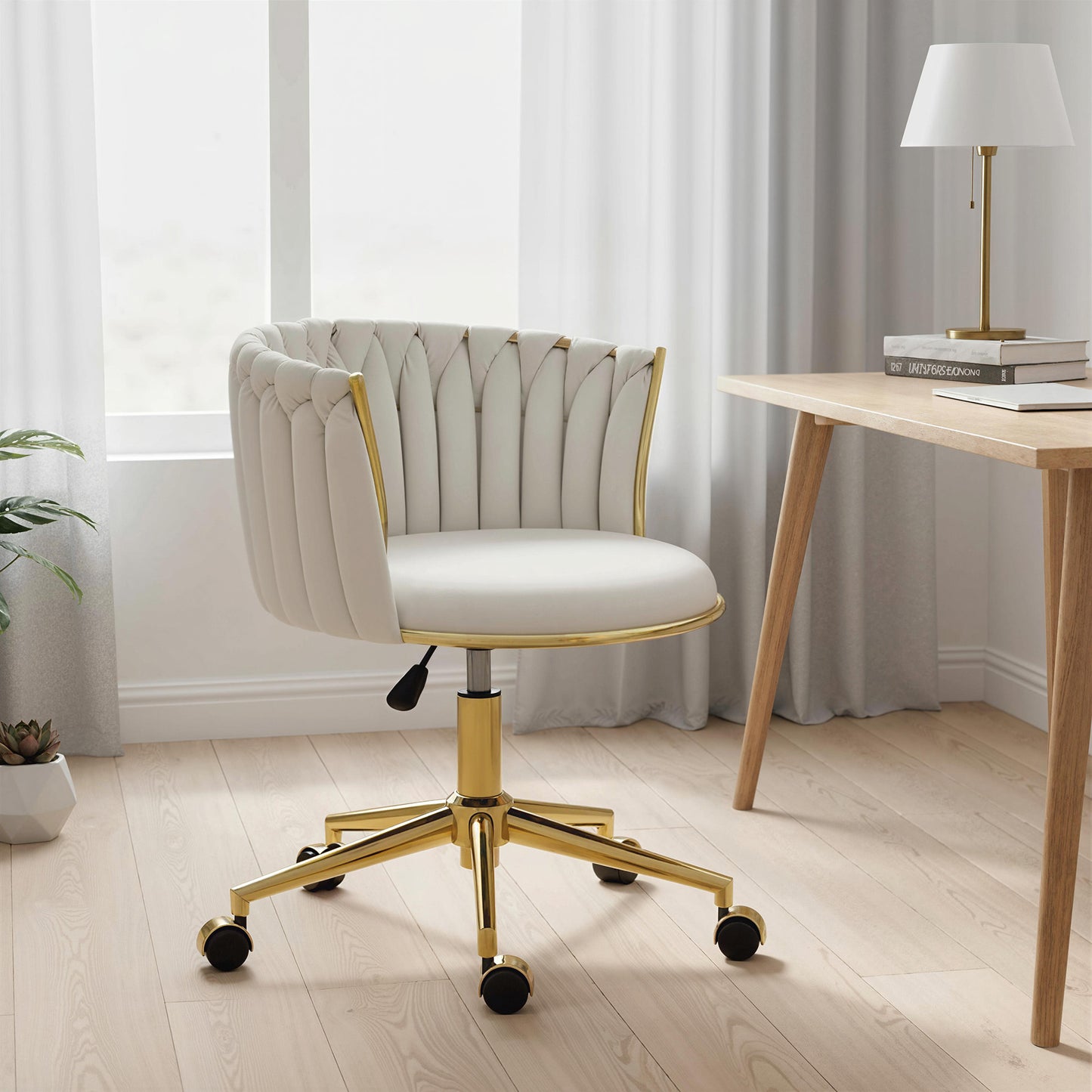 Office Chair, Vanity Chair with Woven Back, Adjustable Height, Rolling Wheels, Cream White