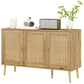 Bohemian Sideboard with Rattan Doors & Adjustable Shelf, Natural Wood Finish