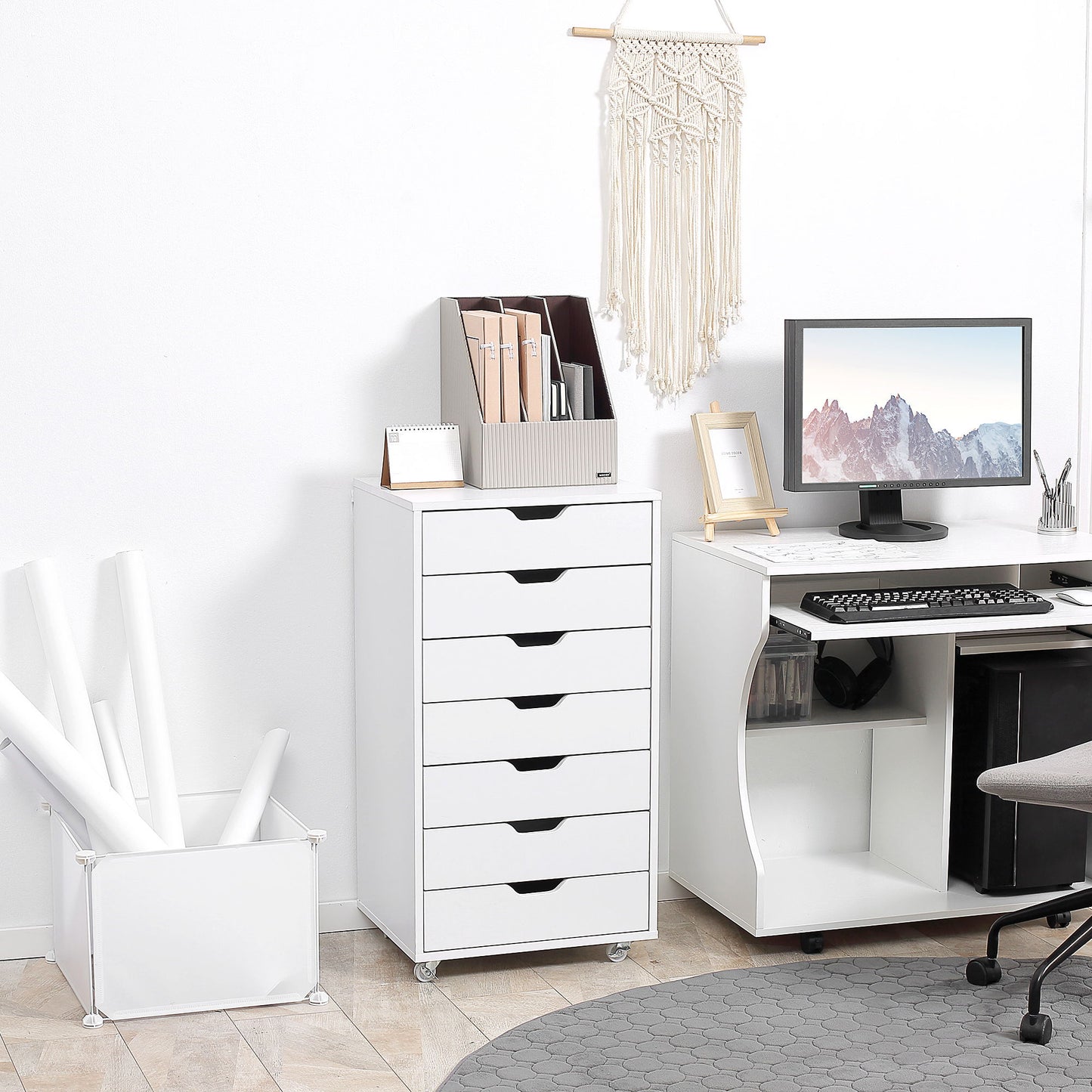 7-drawer Vertical File Cabinet for Home Office, Storage Cabinet with Wheels, 18.7"x15.6"x35.4", White