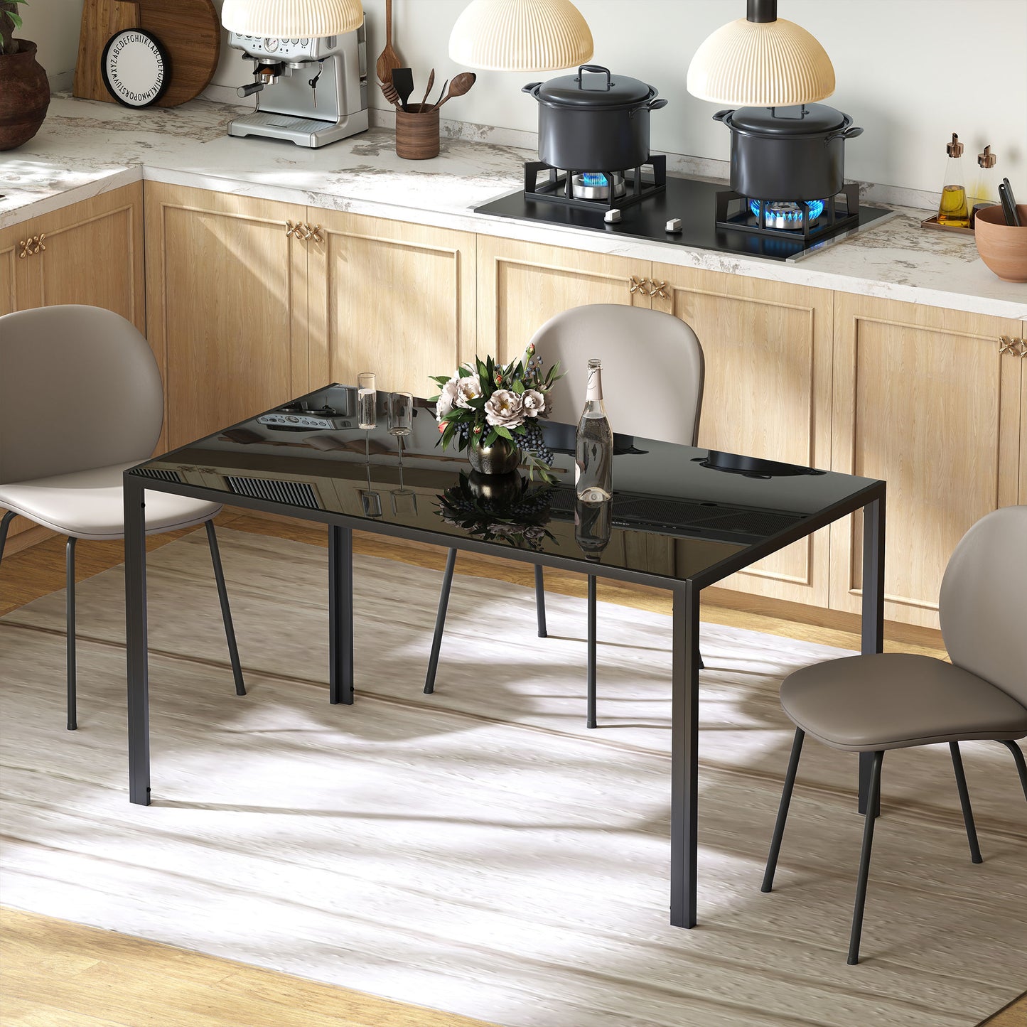 Rectangular Kitchen Table for 4 People, Dining Table with Tabletop Tempered Glass for Dining Room, Living Room, Black