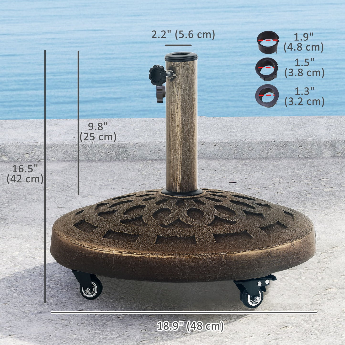 46lbs Resin Round Patio Umbrella Base with Wheels, Umbrella Stand Base, Heavy Duty Patio Umbrella Holder for 1.3"/1.5"/1.9" Poles for Outdoor, Lawn, Poolside, Bronze