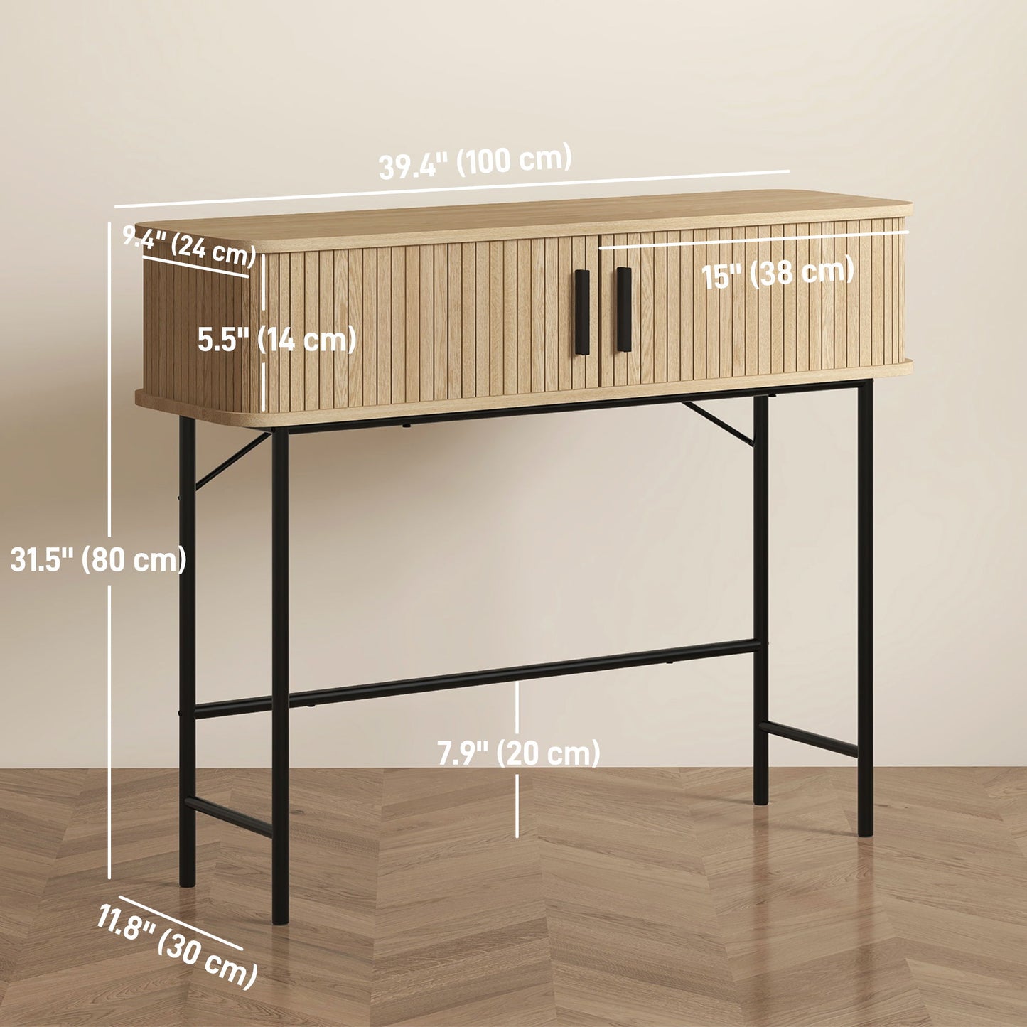 Mid-Century Narrow Console Table with Slatted Tambour Sliding Doors, Entryway Table with Steel Legs, Oak and Black