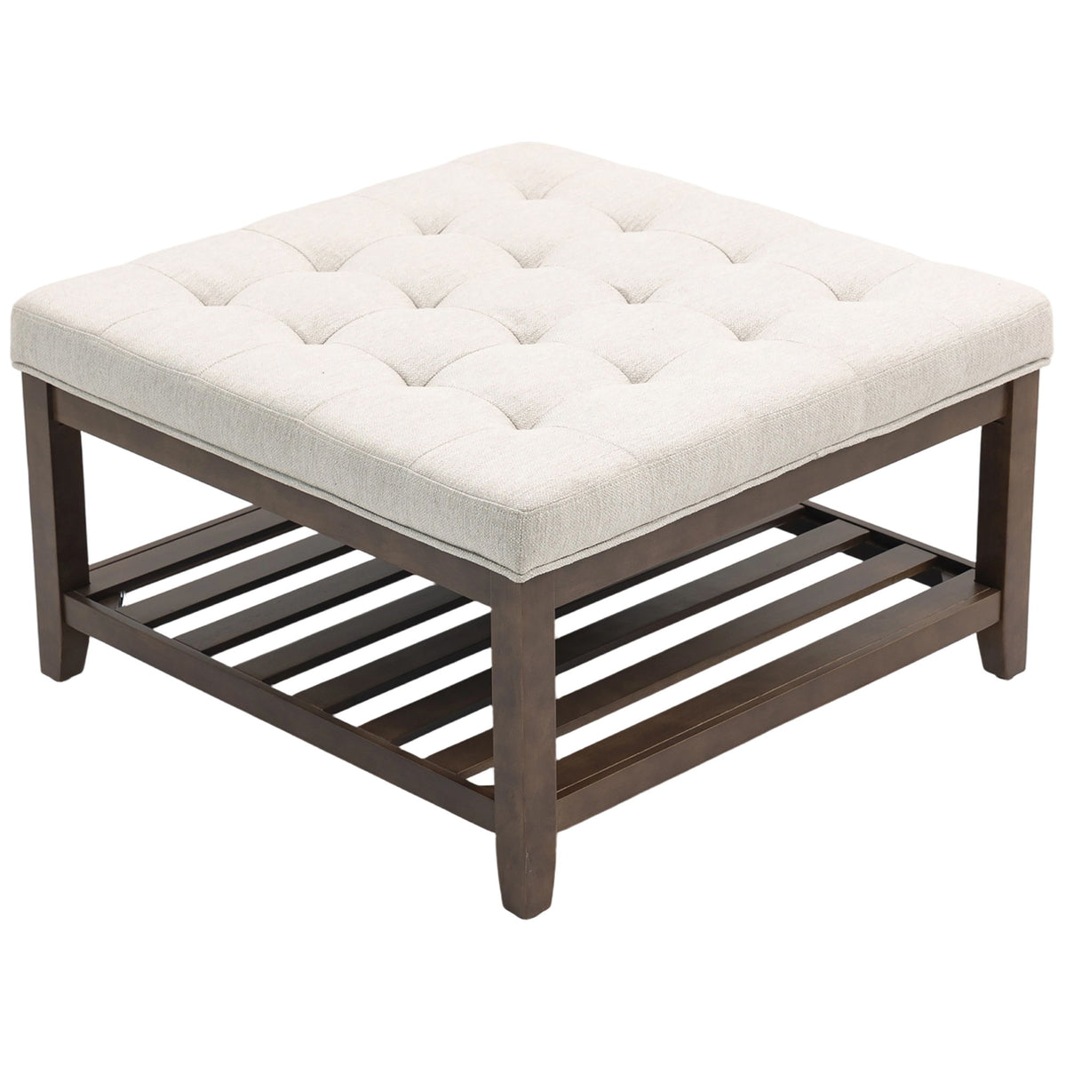 Ottoman Coffee Table, 32 Inch Square Footrest Ottoman with Storage, Linen Upholstered Tufted Footstool, Beige