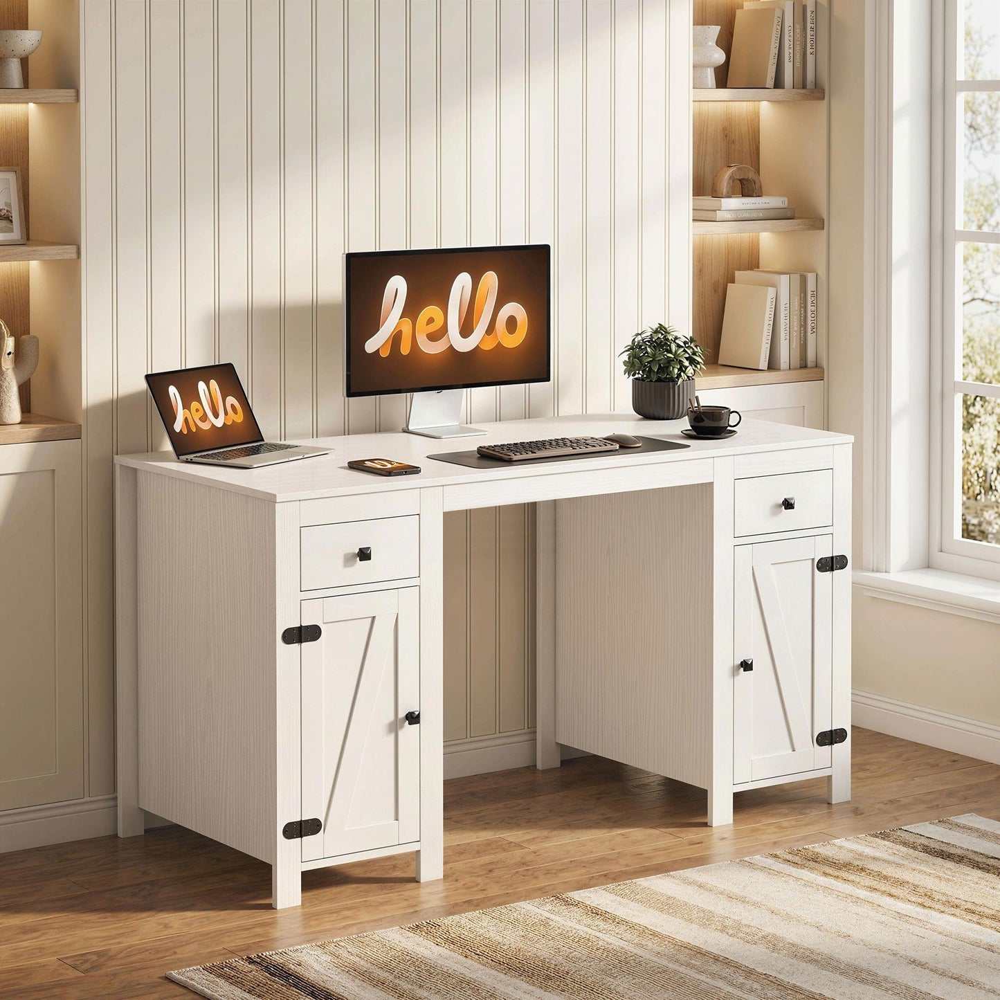 53" Farmhouse Executive Desk with 2 Cabinets - White Wood Grain
