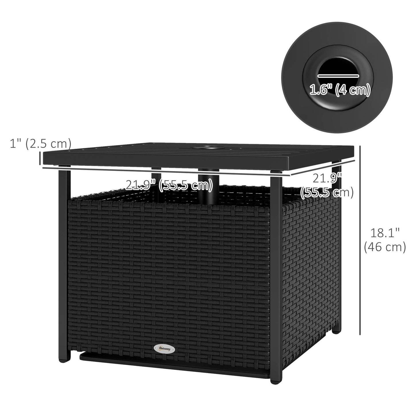 21.75" Outdoor Rattan Wicker Patio Coffee Table with Umbrella Hole, Patio Side Table with Slatted Metal Top, Black